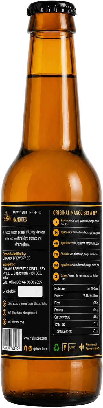 Chakra IPA Mango bottle, back label with ingredients and nutrition
