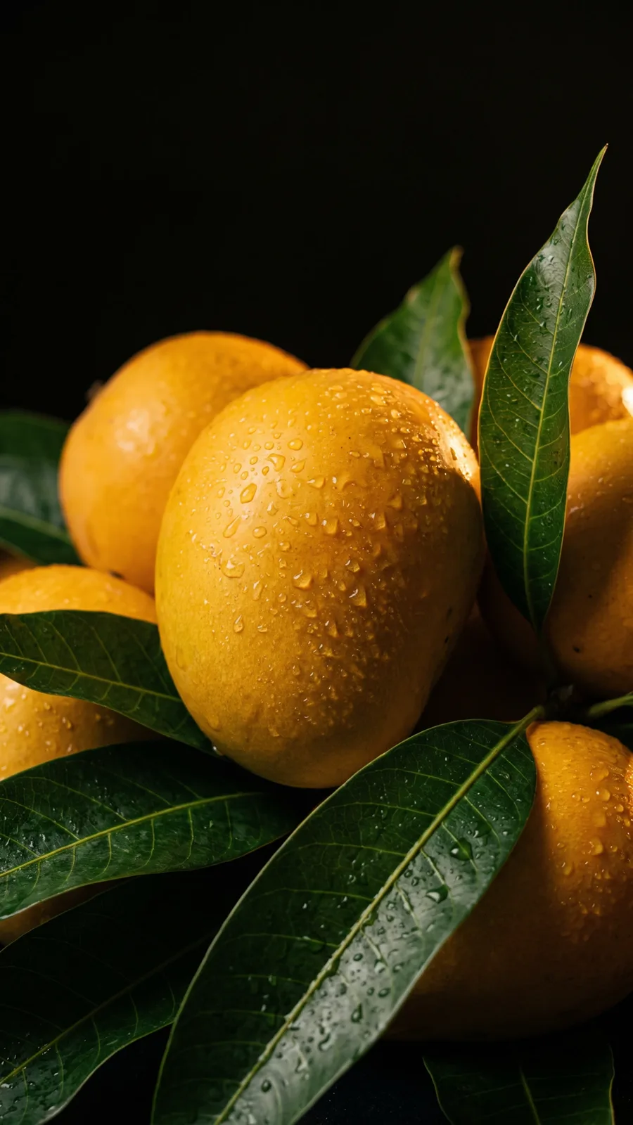 Ripe mangoes with fresh green leaves, glistening with water drops