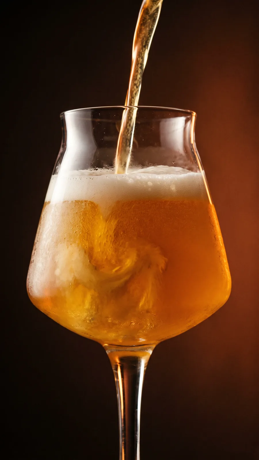 IPA Mango being poured into a stemmed beer glass, golden with a thick white head