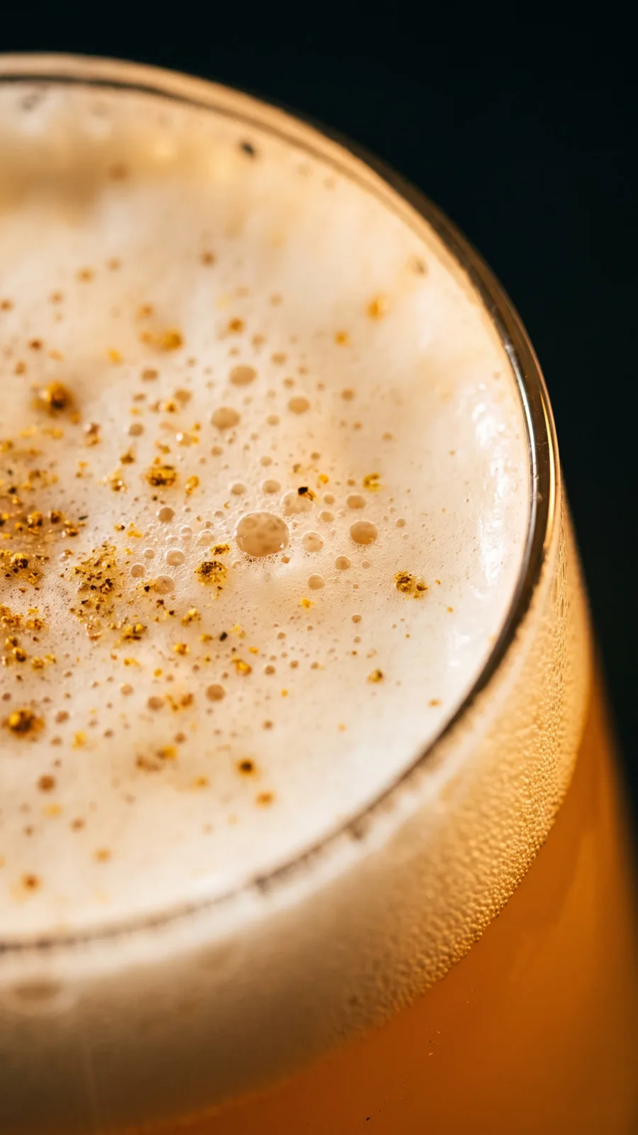 Close-up of fine foam on a freshly poured glass of IPA Mango