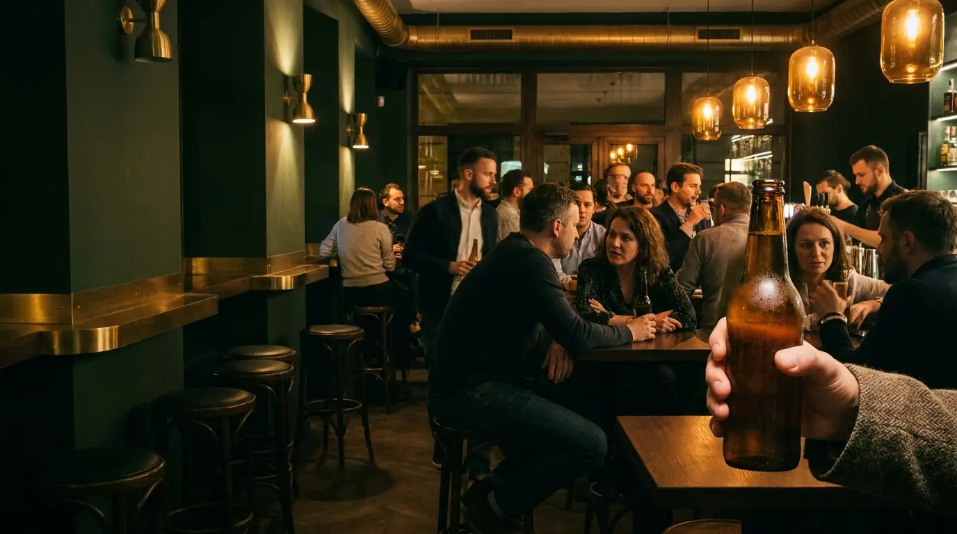 A busy bar in the evening, a guest holding up an amber beer bottle